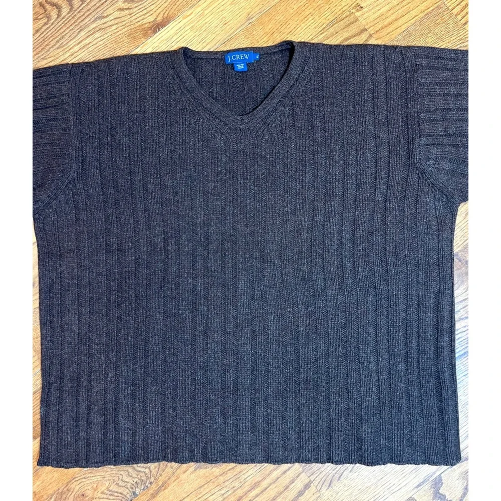 J. Crew‎ Mens XL V-Neck Sweater 100% Wool Ribbed Knit Charcoal Brown Marl